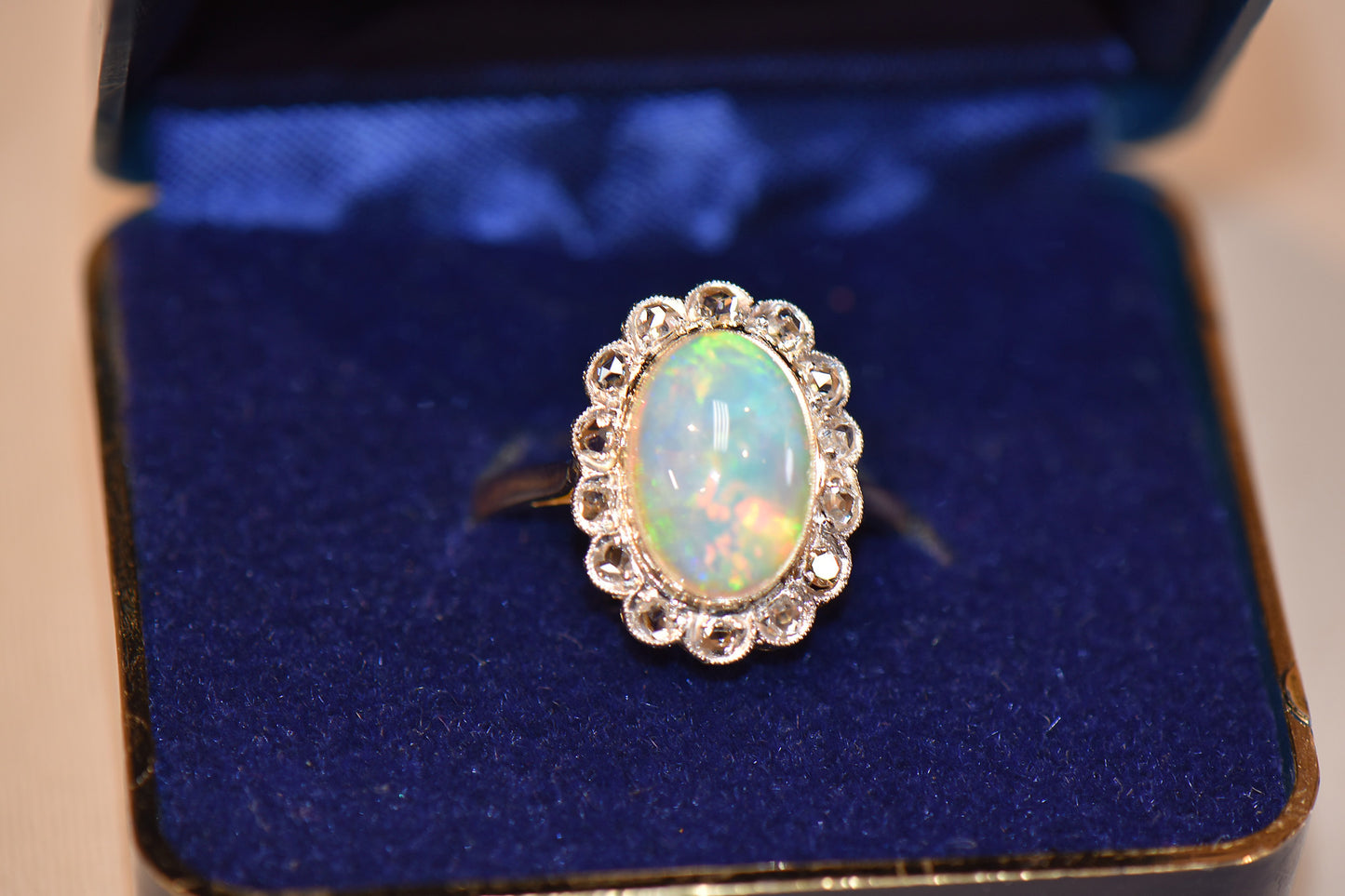 Edwardian Australian Opal & Rose Cut Diamond Halo Ring