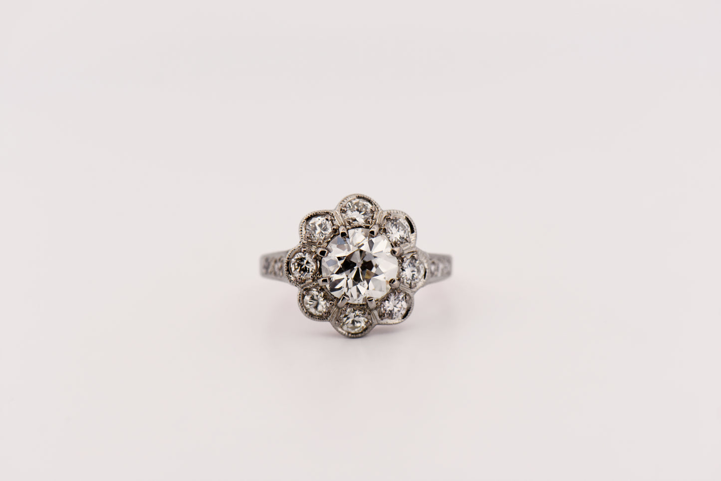 Edwardian Diamond Halo Engagement Ring with 1.57ct Old European Cut Diamond