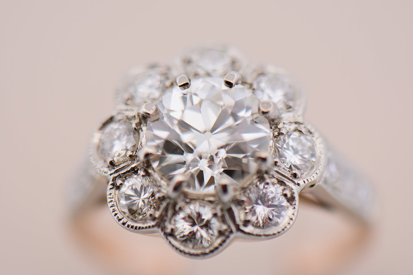 Edwardian Diamond Halo Engagement Ring with 1.57ct Old European Cut Diamond