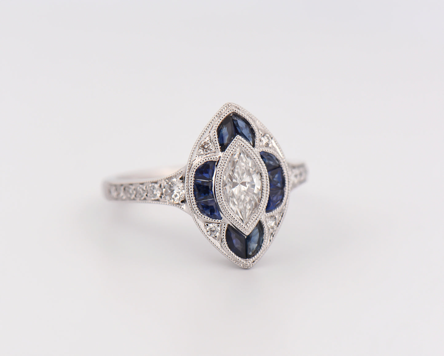 Edwardian Style Sapphire & Diamond Navette Ring