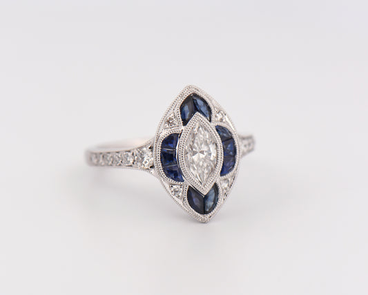 Edwardian Style Sapphire & Diamond Navette Ring