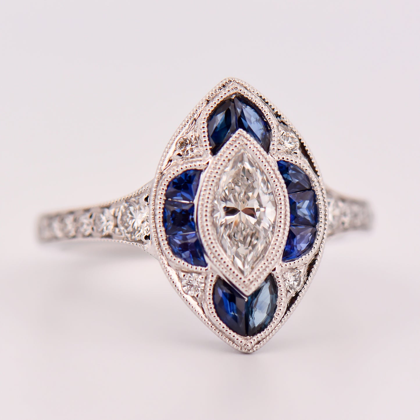 Edwardian Style Sapphire & Diamond Navette Ring