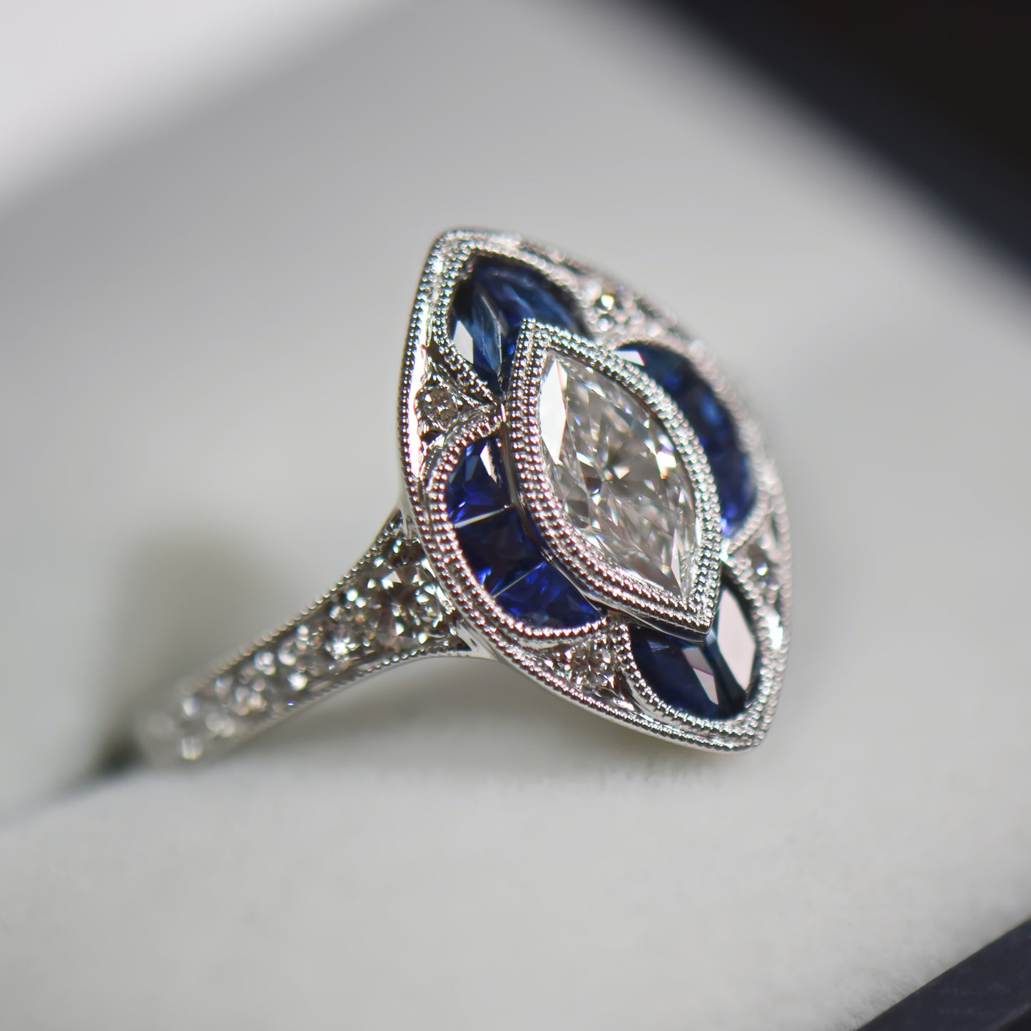 Edwardian Style Sapphire & Diamond Navette Ring