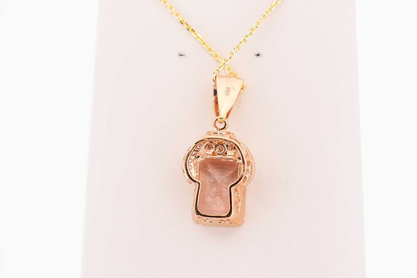 Emerald Cut Morganite & Diamond Pendant in Yellow Gold