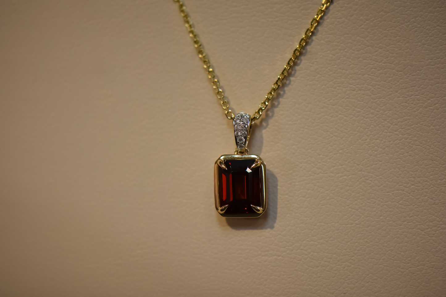 Emerald Cut Red Garnet Pendant with Diamond Bail