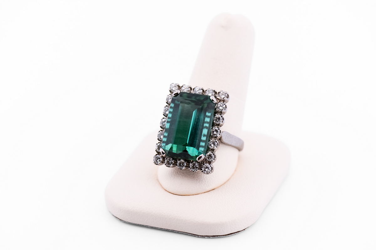 Emerald-Cut Teal Tourmaline Cocktail Ring with Diamond Halo - Rare Neon Blue Green Hue