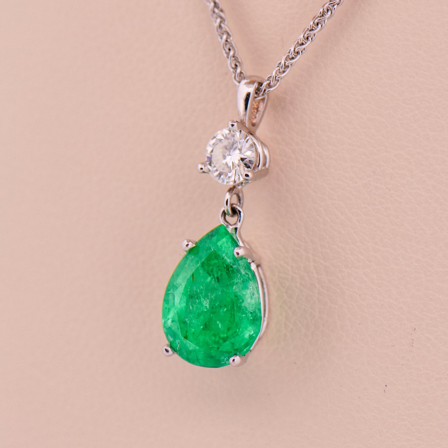 Natural 2ct Pear Emerald & Diamond Drop Pendant