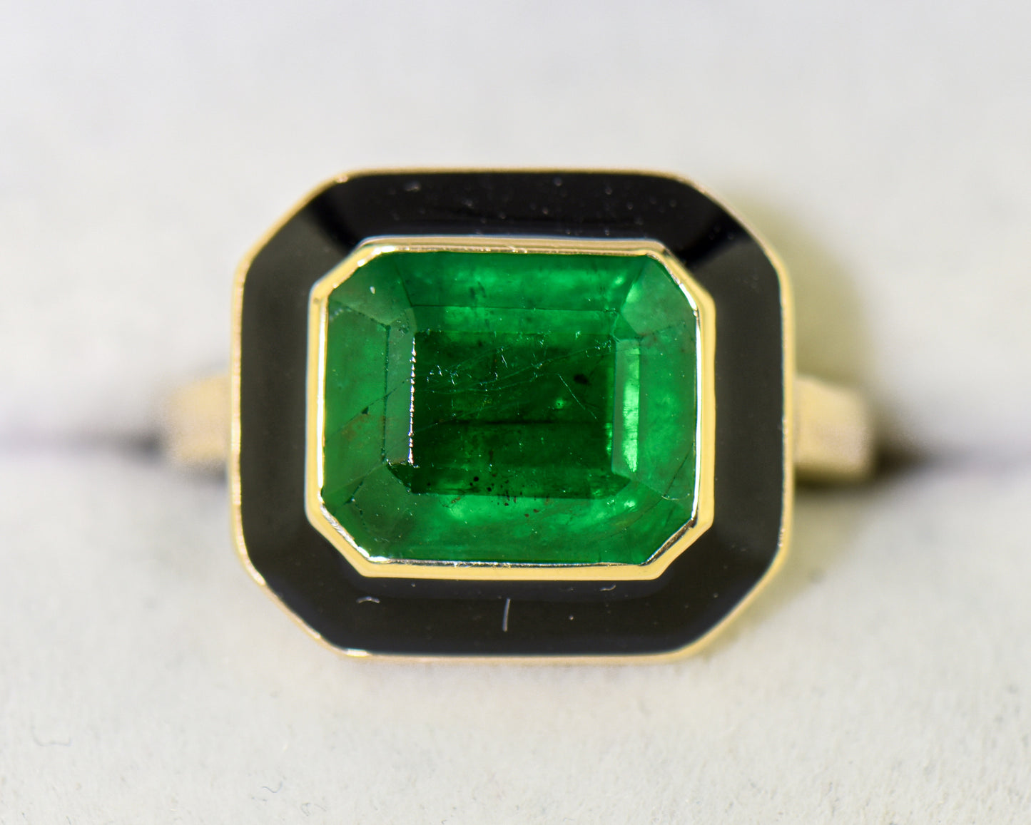 Bezel Set Gold Ring with Emerald & Black Enamel
