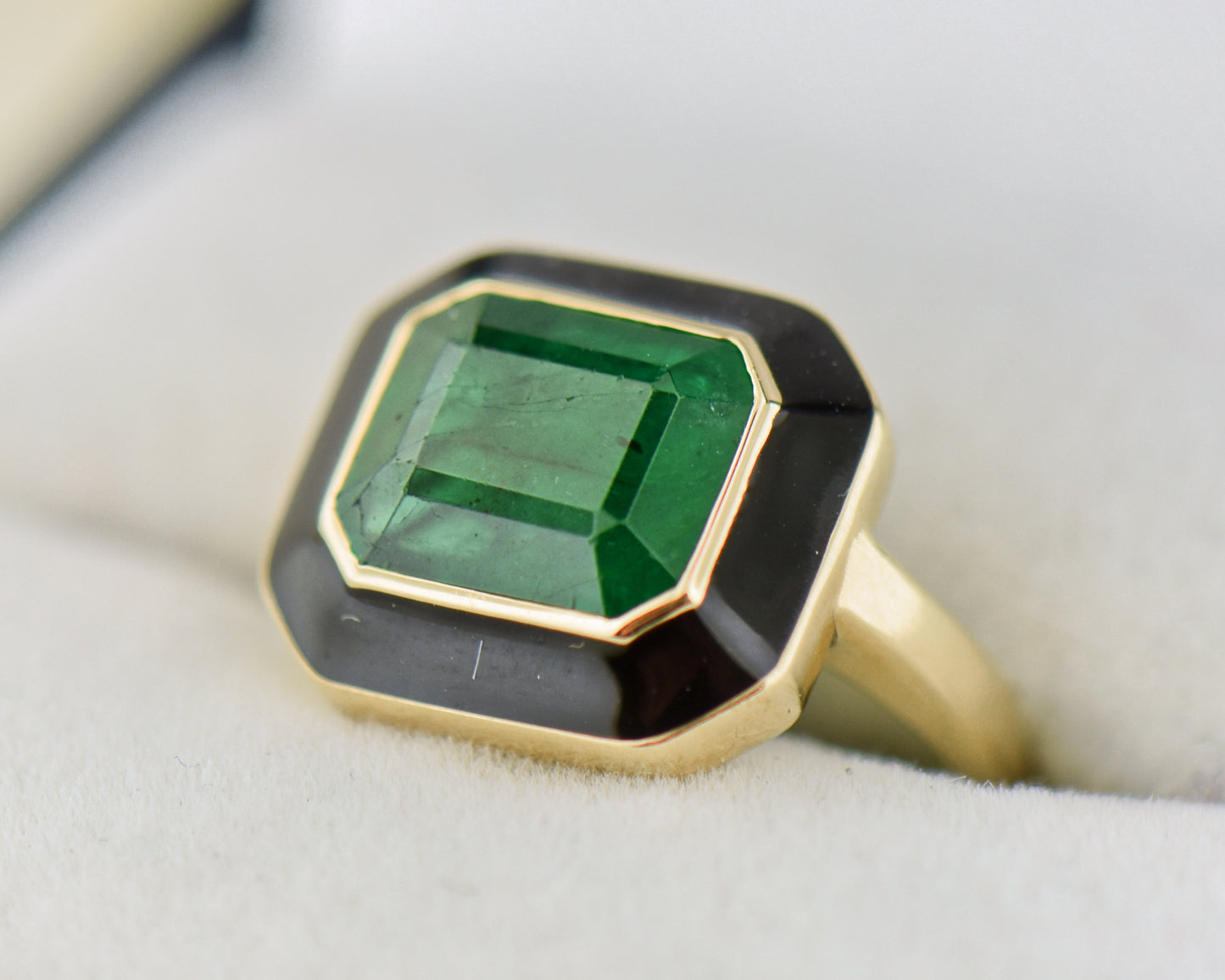 Bezel Set Gold Ring with Emerald & Black Enamel