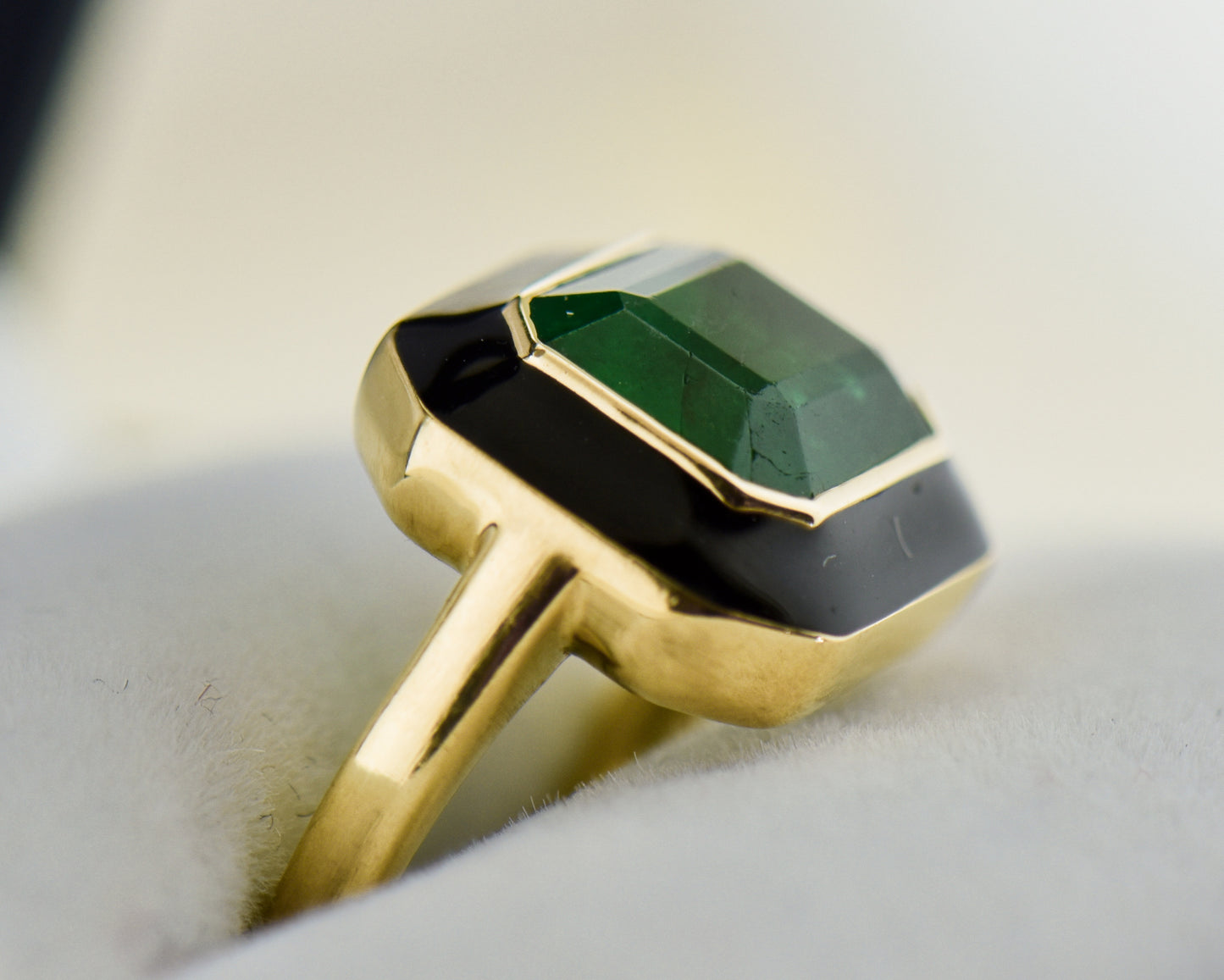 Bezel Set Gold Ring with Emerald & Black Enamel