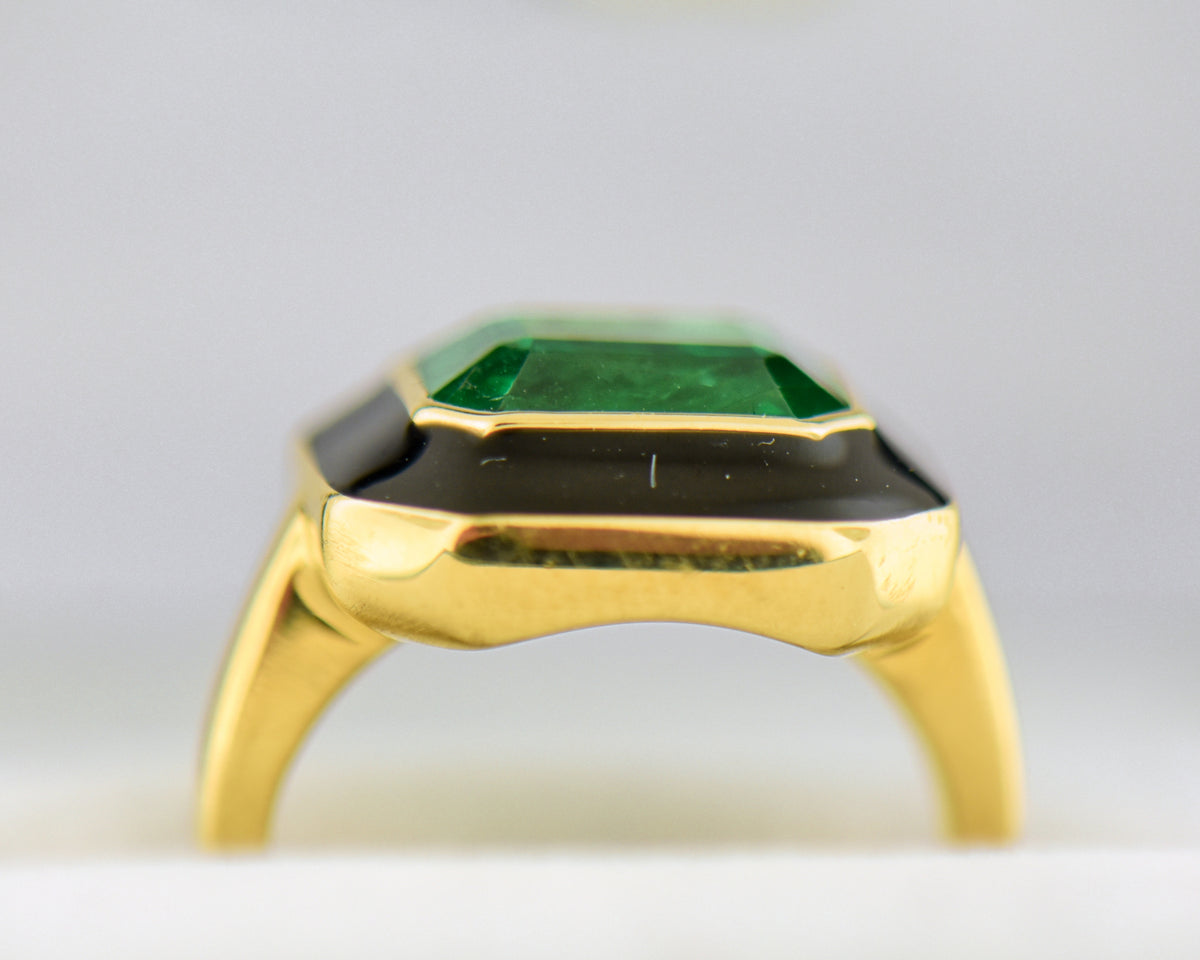 Bezel Set Gold Ring with Emerald & Black Enamel