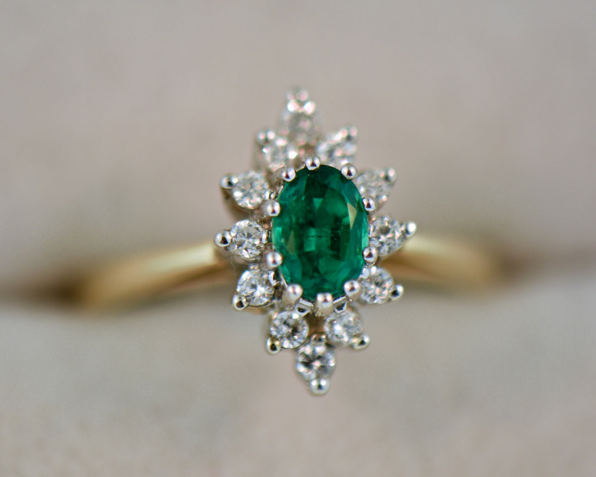 Vintage Emerald & Diamond Navette Ring