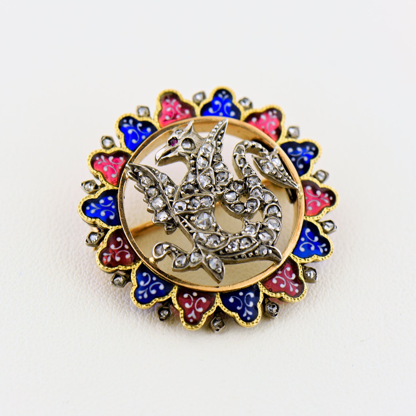 Antique Enamel & Diamond Welsh Dragon Brooch