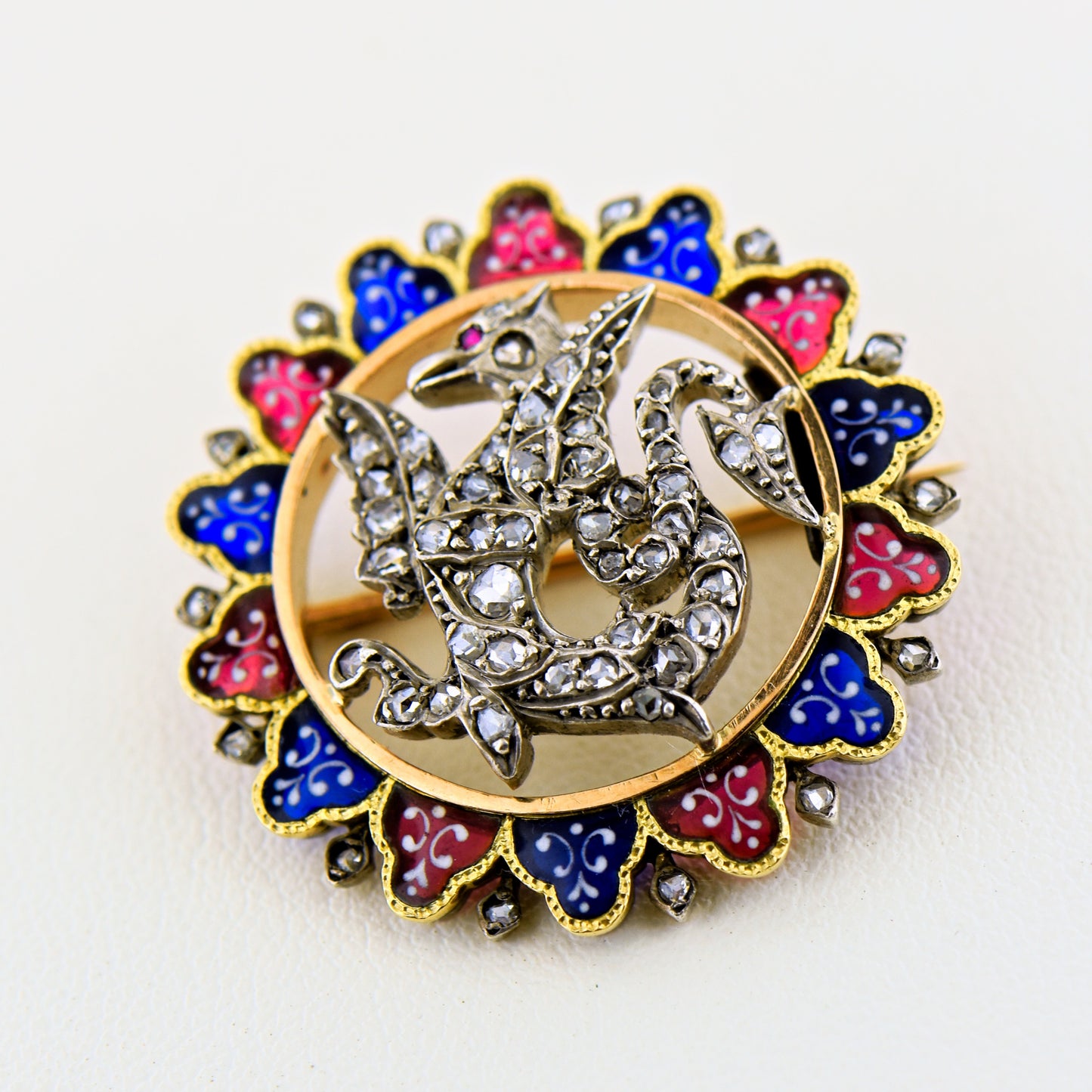 Antique Enamel & Diamond Welsh Dragon Brooch