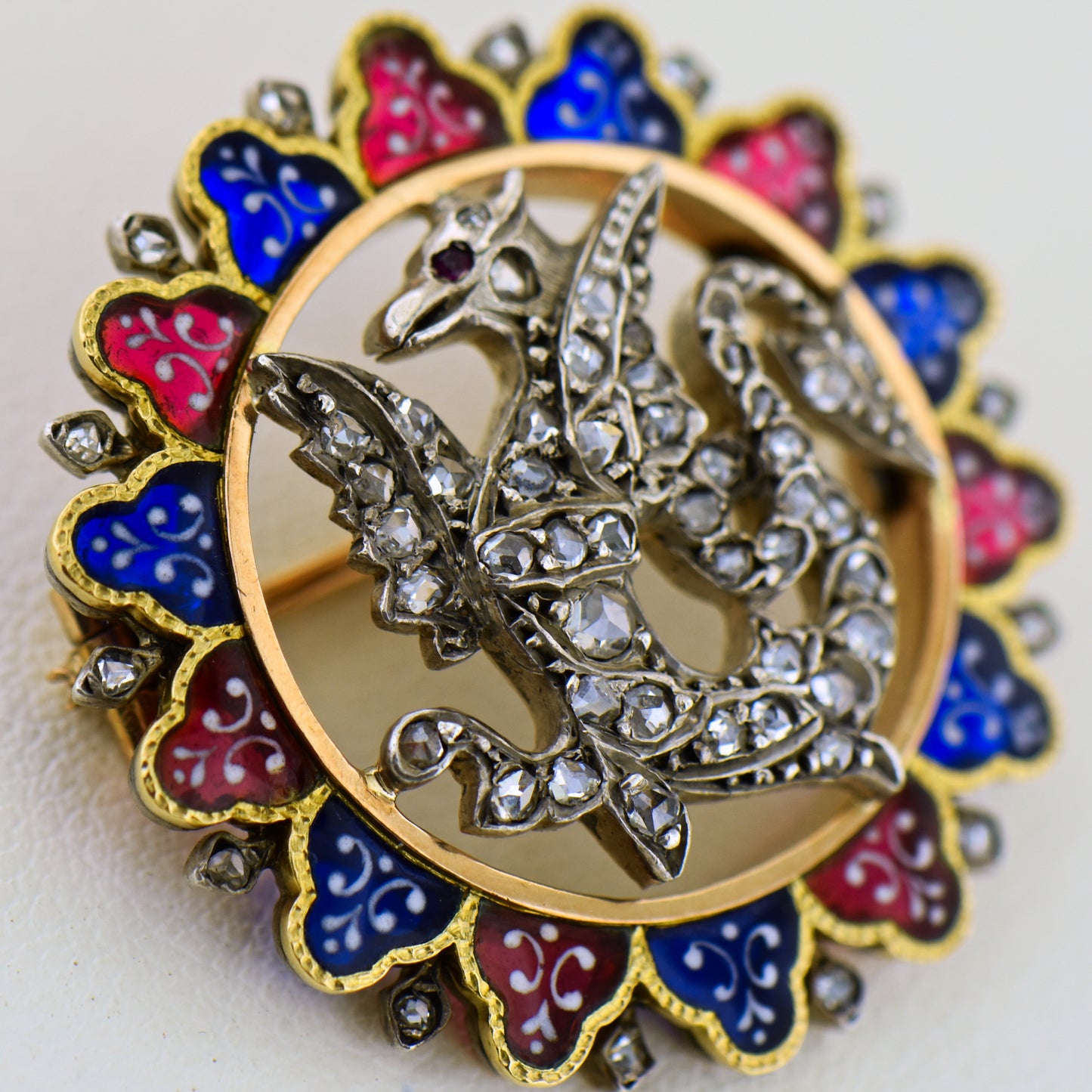 Antique Enamel & Diamond Welsh Dragon Brooch