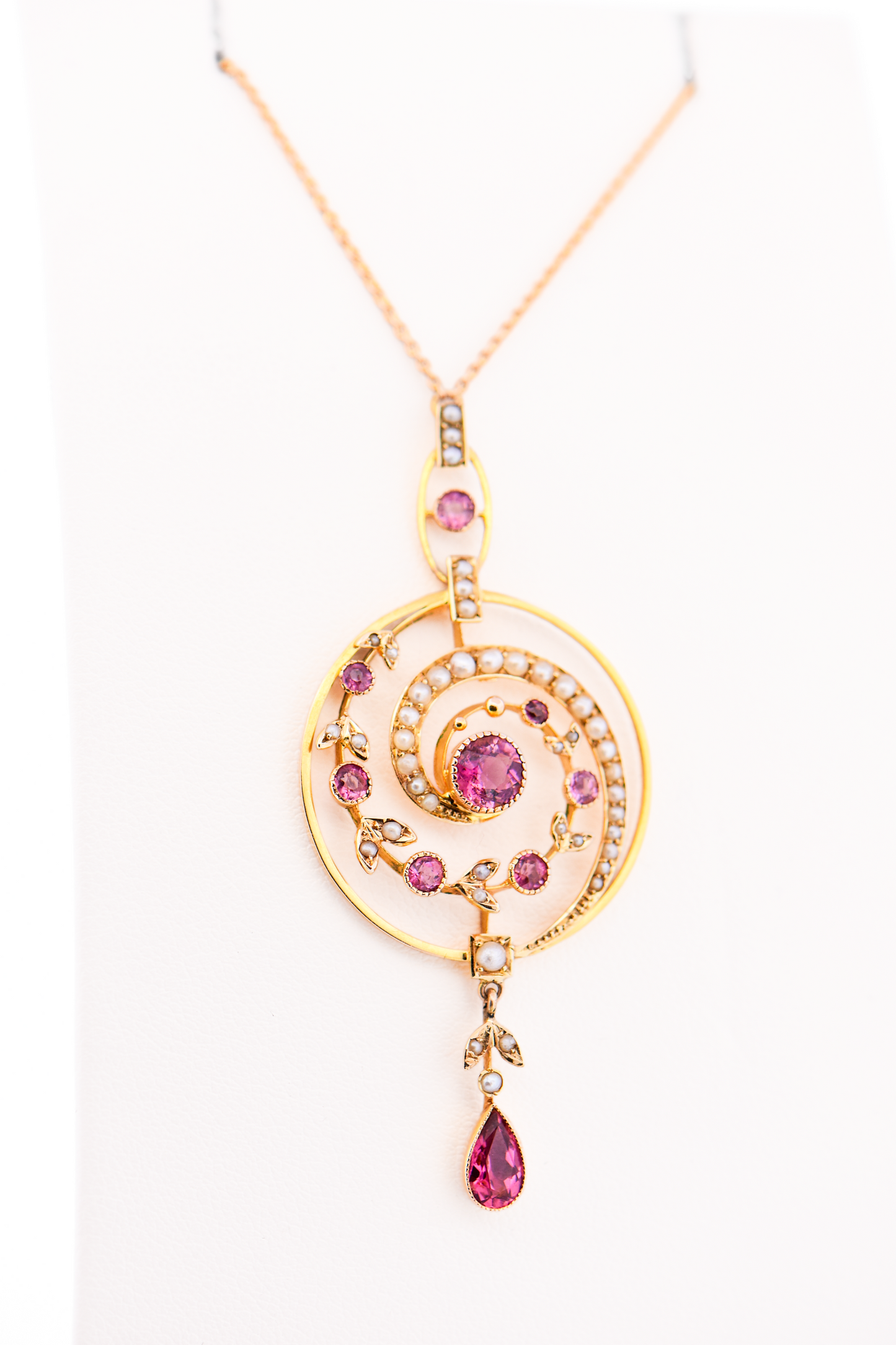 Enchanting Edwardian Pink Tourmaline & Seed Pearl Swirl Lavalier in 15k