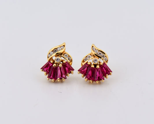 Estate Baguette Ruby & Diamond Cluster Stud Earrings
