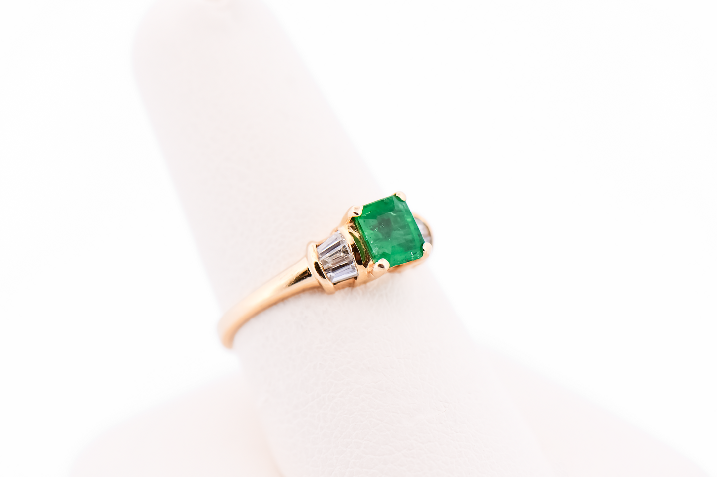 Estate Dainty Emerald & Baguette Diamond Engagement Ring in Yellow Gold