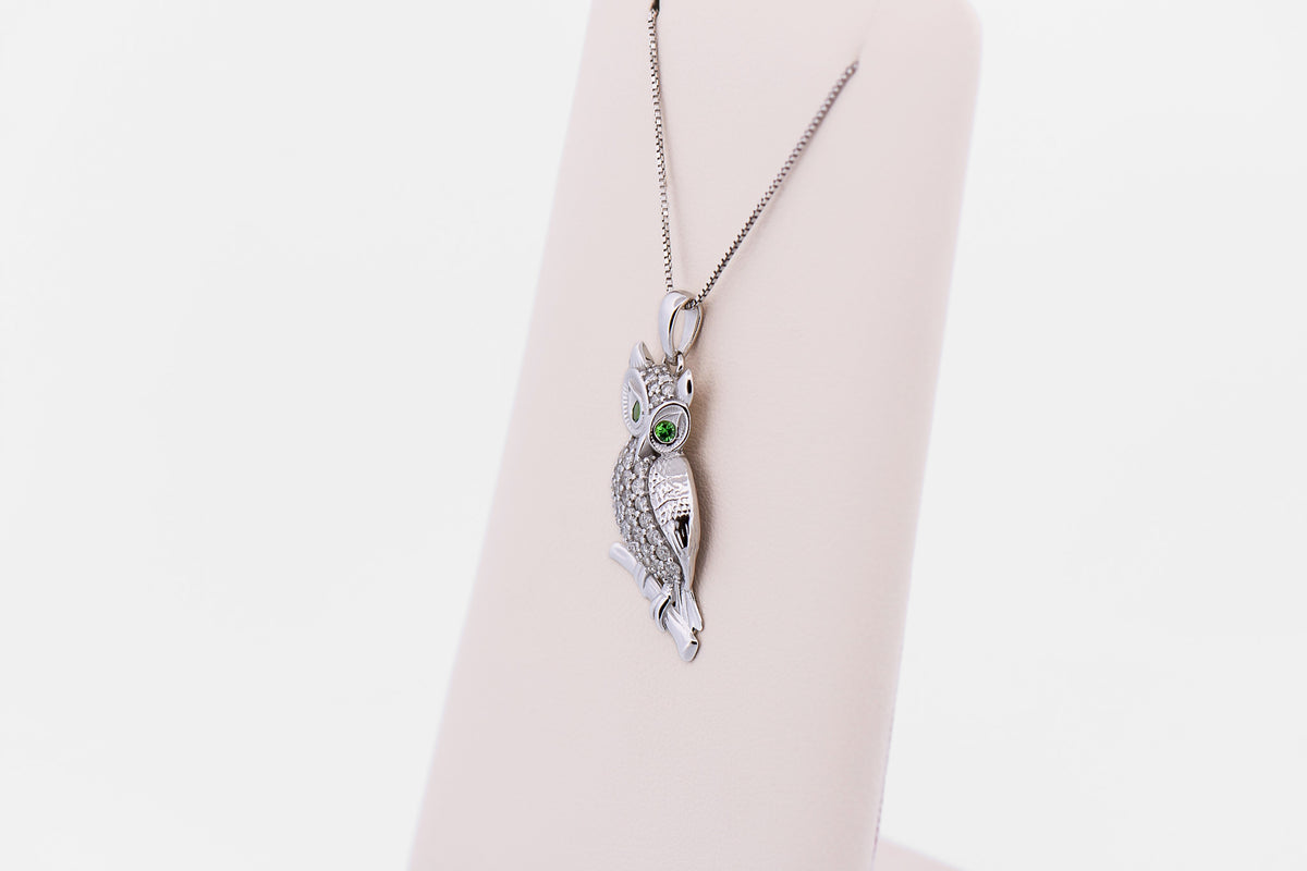 Estate Diamond Crusted Owl Pendant with Tsavorite Eyes