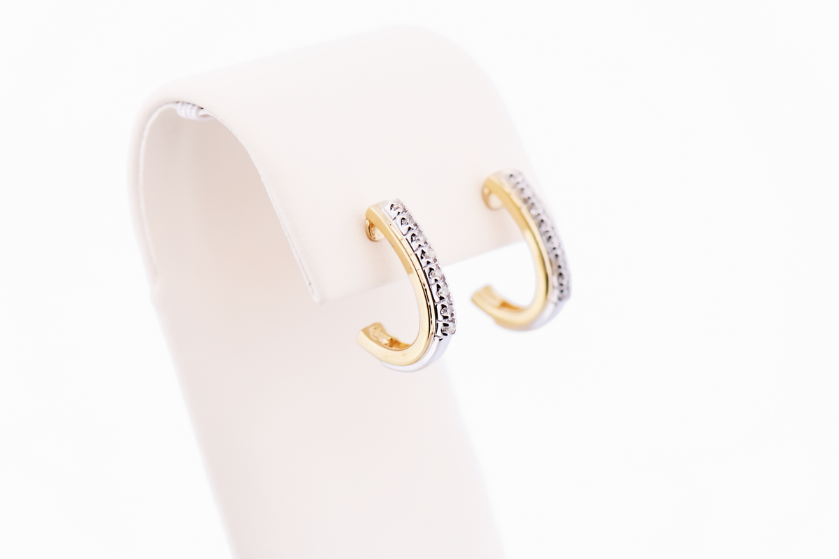 Estate Diamond J-Hoop Earrings in Two-Tone Gold