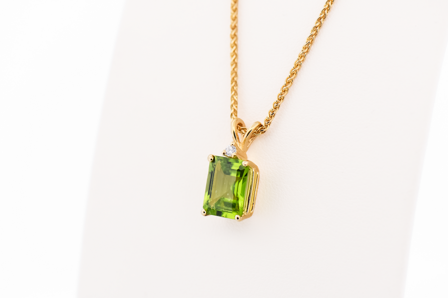 Estate Emerald Cut Peridot & Diamond Pendant on 17" Wheat Chain