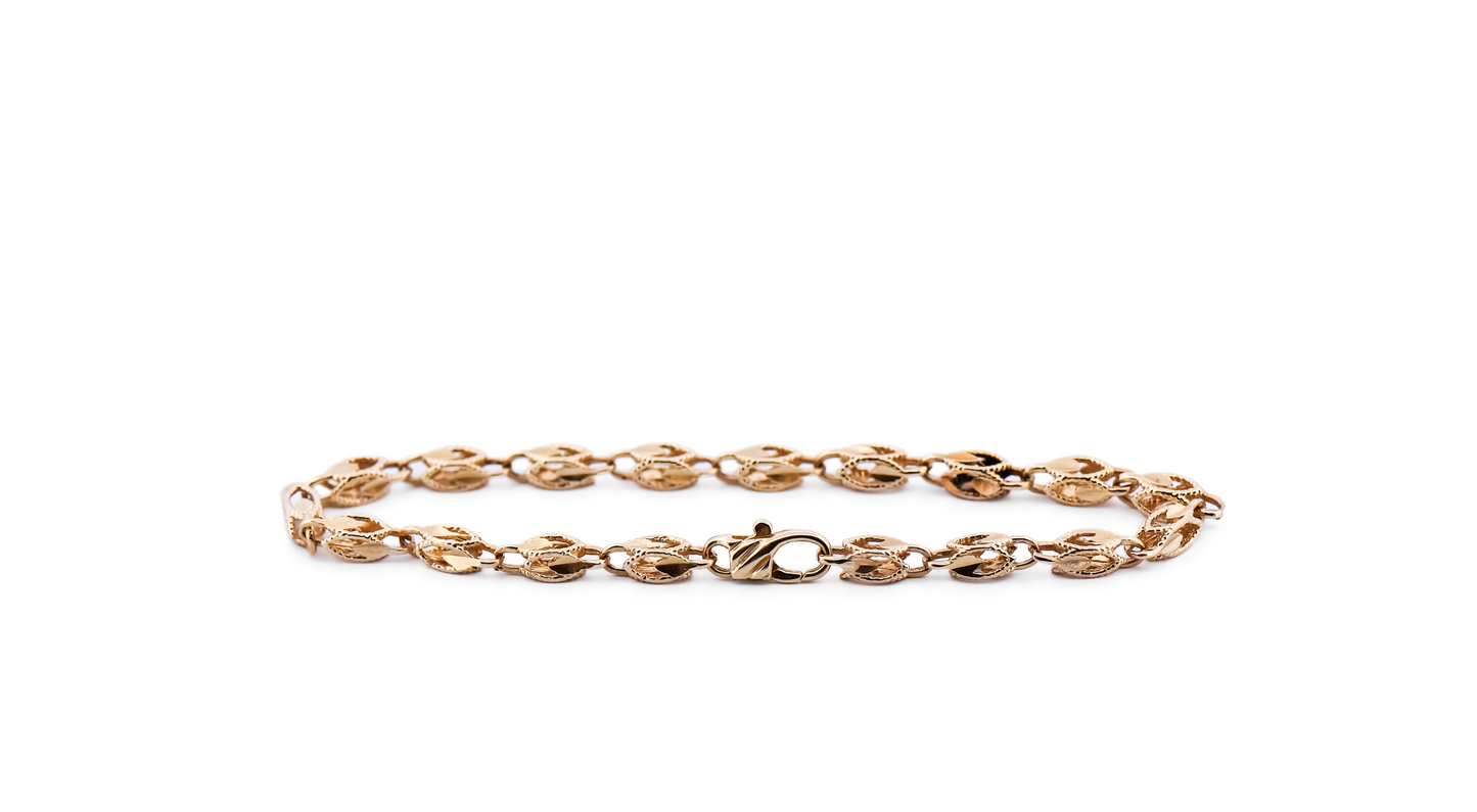Estate Fancy Link Necklace & Bracelet Set- Diamond Cut 14k Yellow Gold