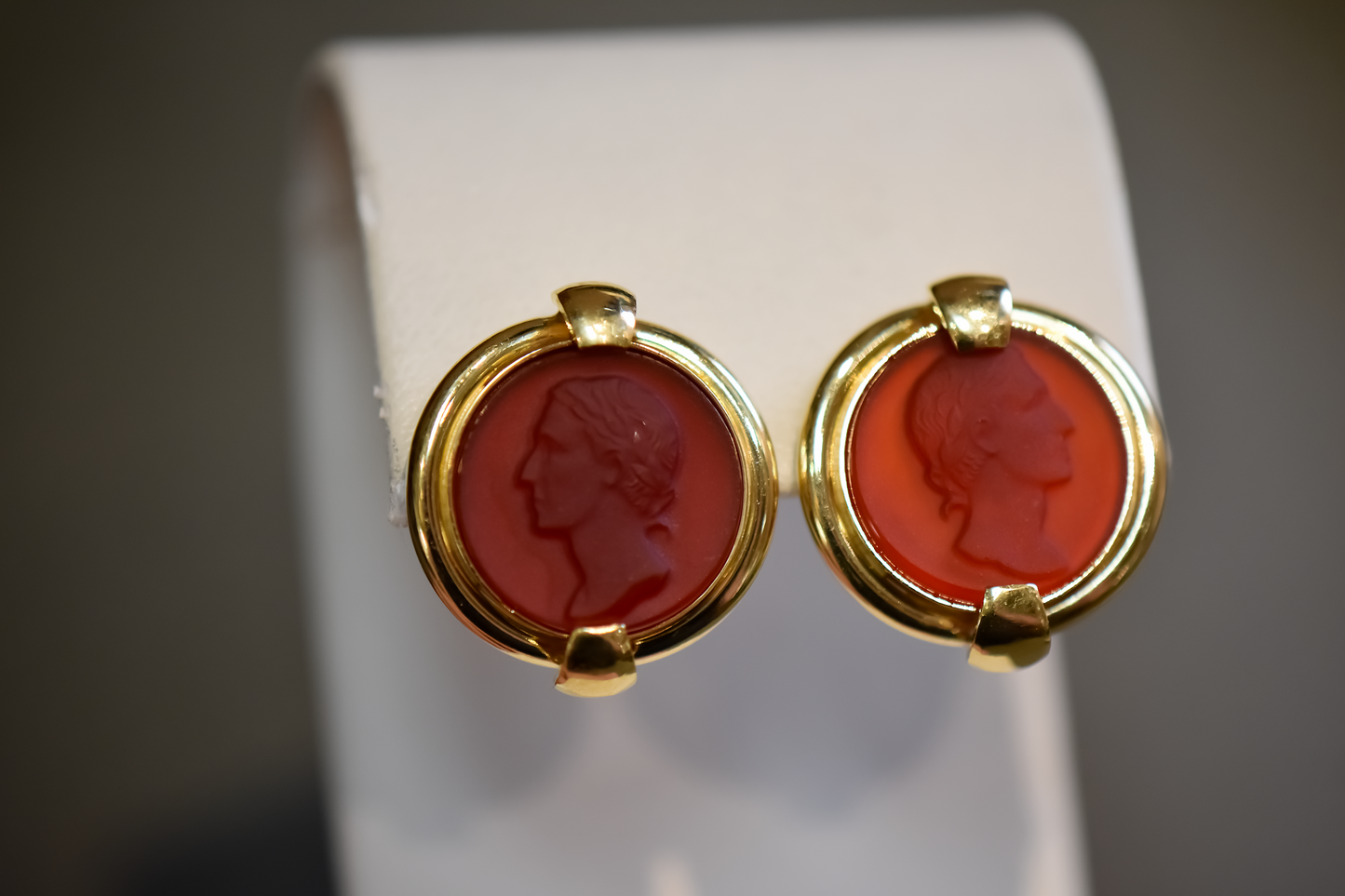 Estate Hardstone Cameo Earrings- Carved Carnelian Busts in 18k Omega Backs