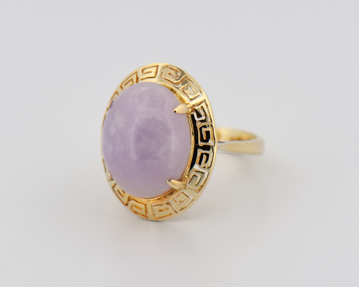Lavender Jade Ring with Greek Key Frame
