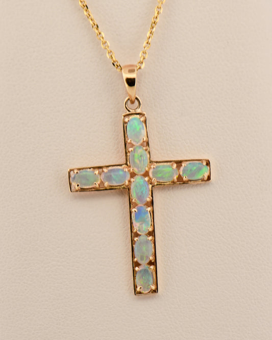 Estate Opal Cross Pendant in Yellow Gold