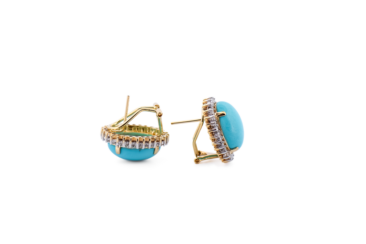 Estate Persian Turquoise Earrings with Diamond Halos and Omega Backs