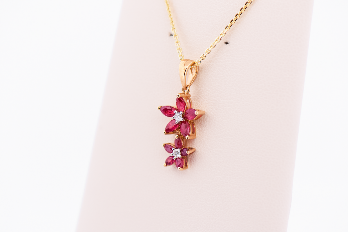 Estate Ruby & Diamond Flower Drop Pendant