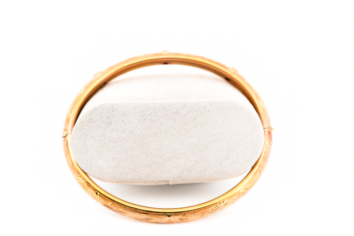 Estate Solid 14k Yellow Gold Bangle Bracelet with Flush Set Diamond Accents