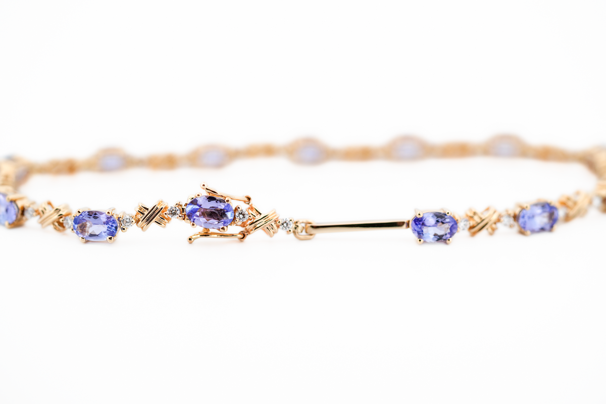 Estate Tanzanite & Diamond Tennis Bracelet in Yellow Gold - Lengthened to 7.75"