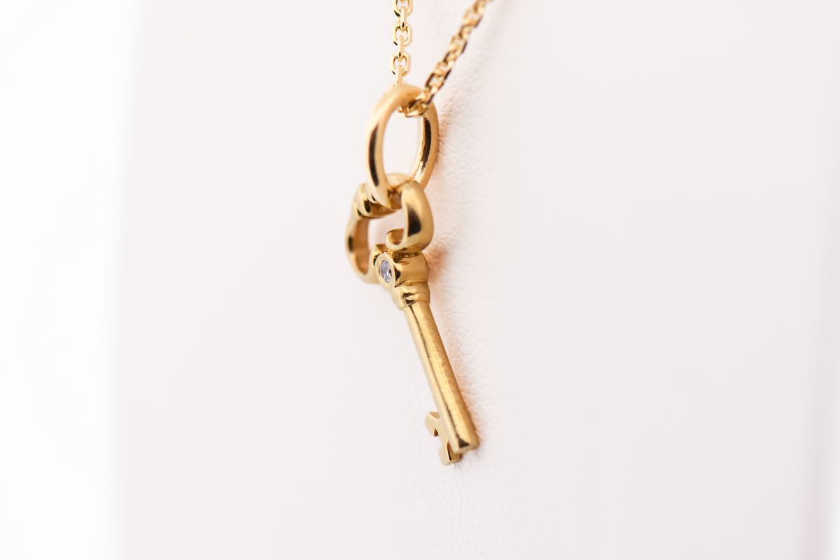 Estate Tiffany & Co 18k Yellow Gold Key Necklace with Diamond Accent