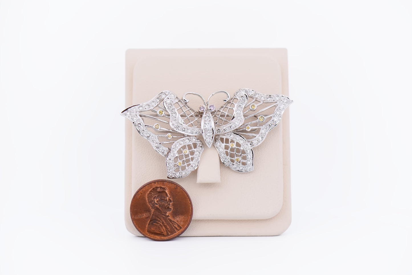 Estate White Gold Butterfly Brooch with Natural Fancy Color Diamonds