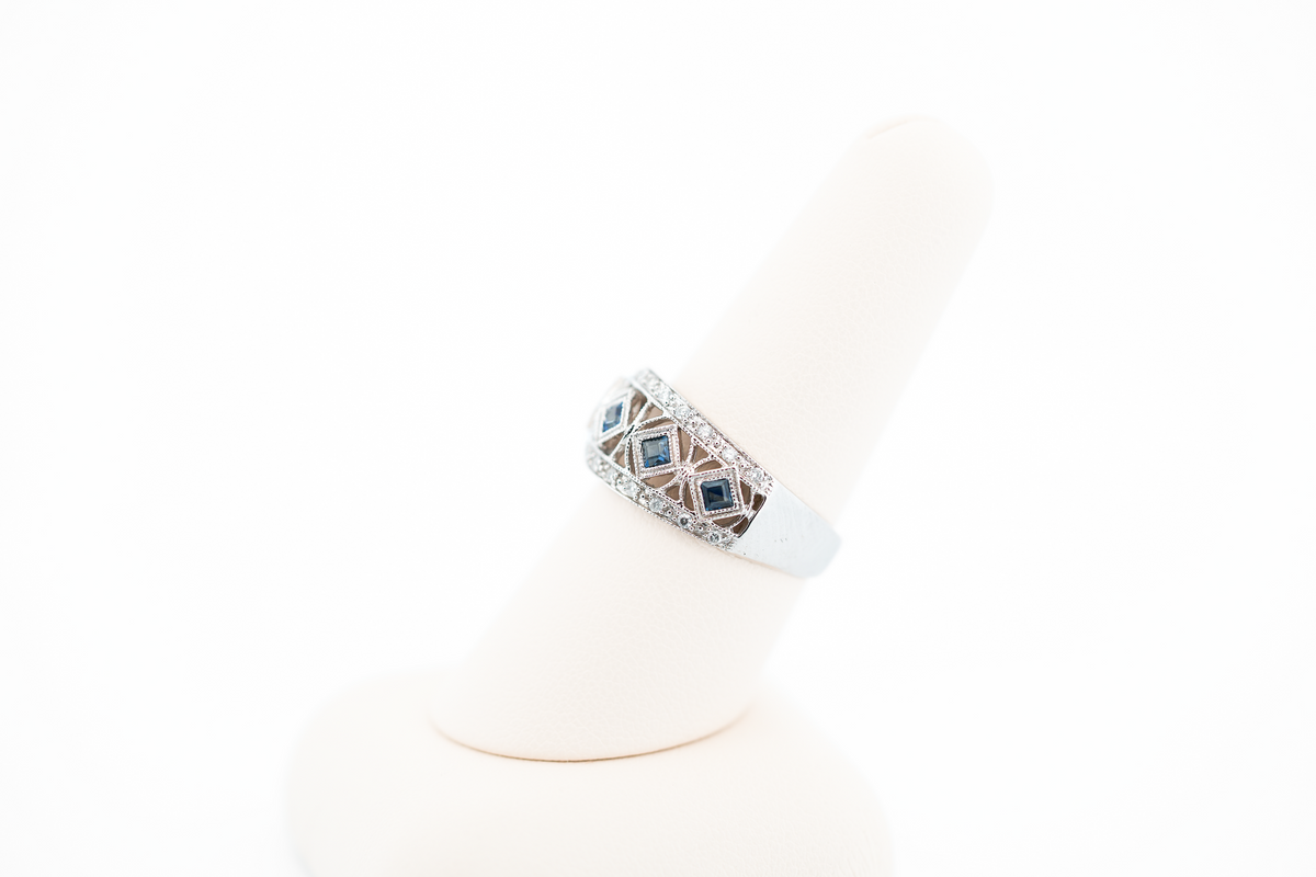 Estate Wide White Gold Filigree Band with Sapphires & Diamonds