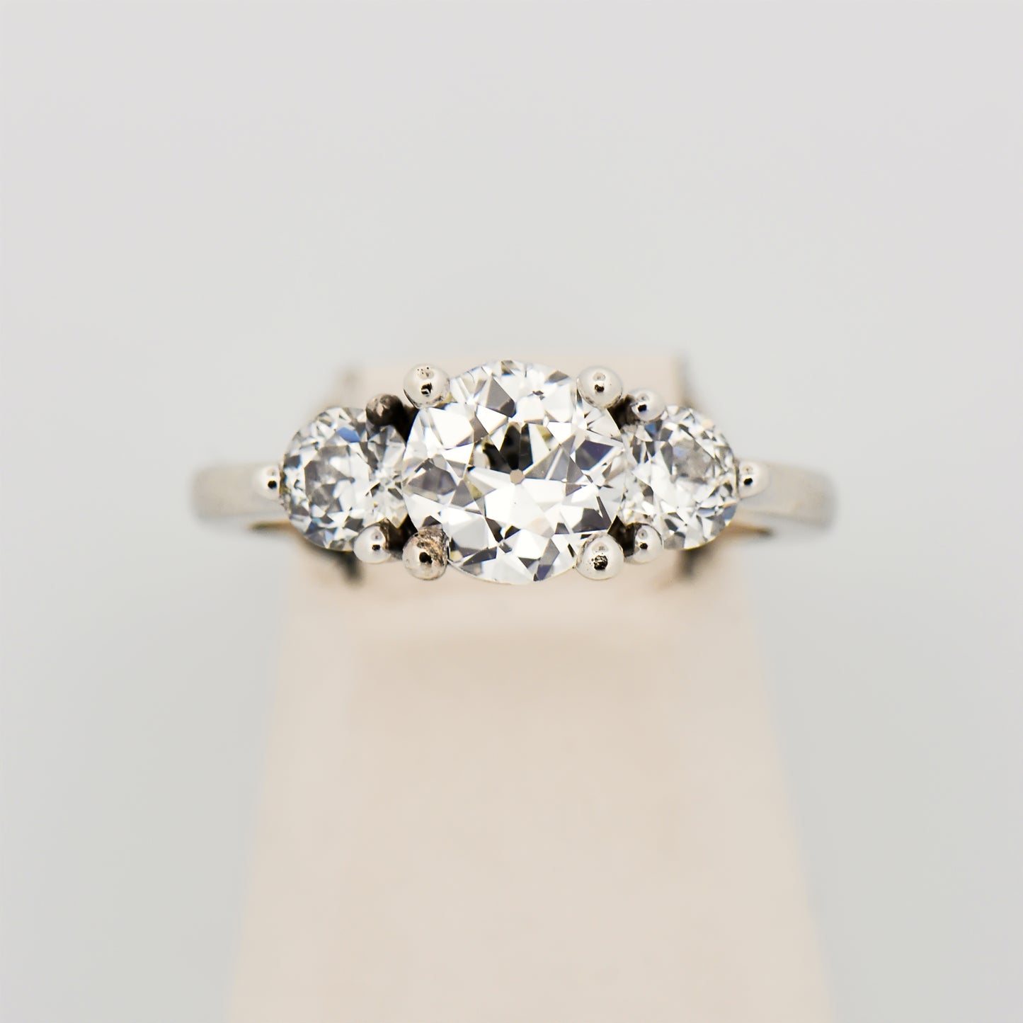 European Cut Three-Stone Diamond Engagment Ring