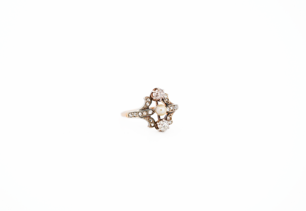 European Art Nouveau Pearl & Old Mine Cut Diamond Ring with Fleur De Lis Sides