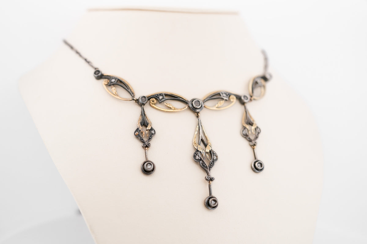 Exceptional Gothic Art Nouveau Necklace with Rose Cut Diamonds in Silver-Topped Gold