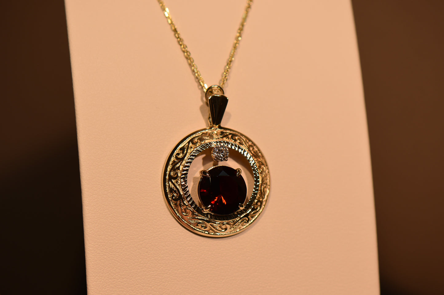Exceptionally Rare Red Rubellite Tourmaline & Diamond Pendant in Carved Gold