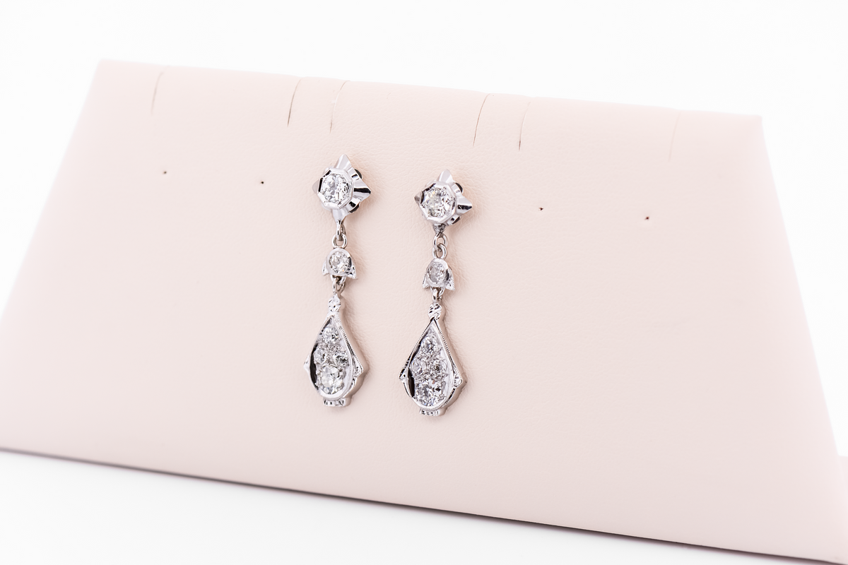 Fabulous Art Deco Flapper Earrings - Dangly White Gold with Old European Cut Diamonds
