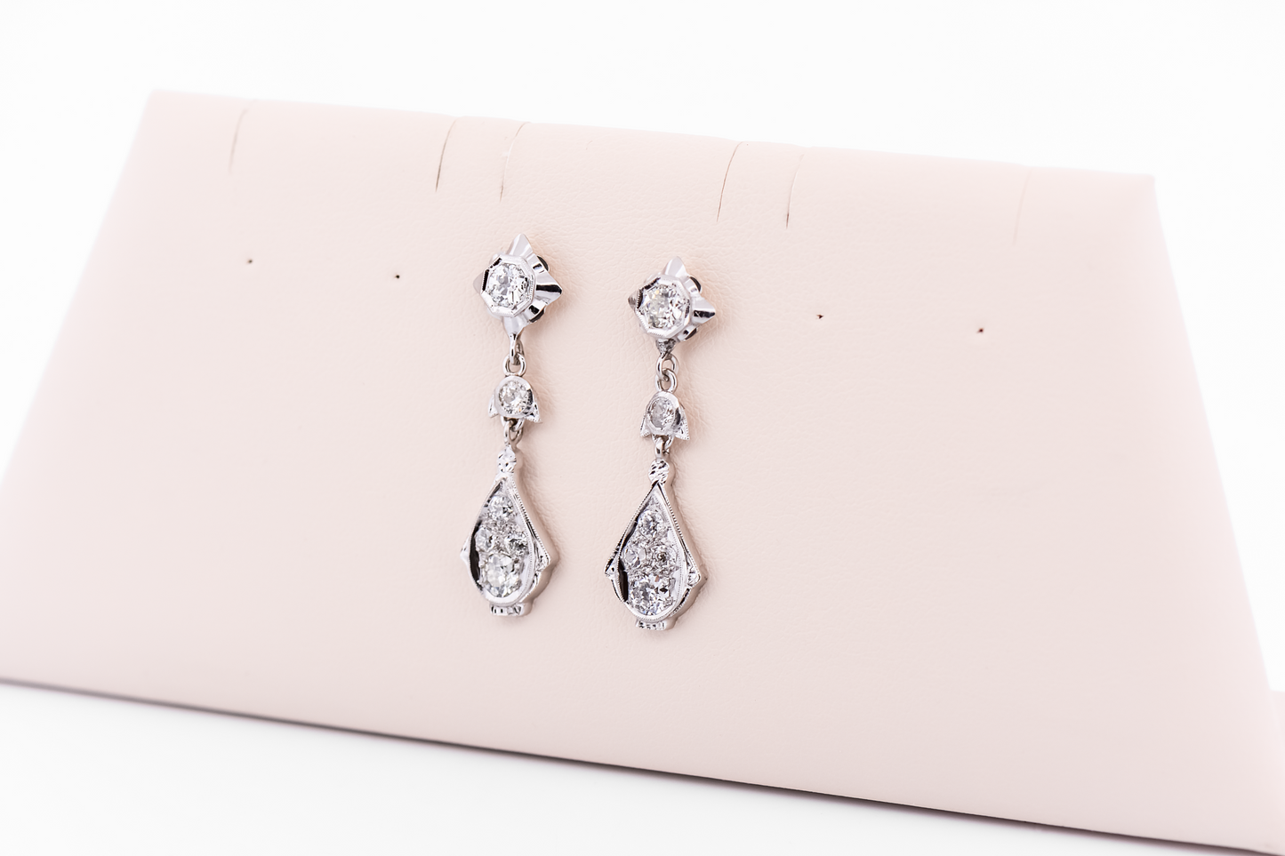 Fabulous Art Deco Flapper Earrings - Dangly White Gold with Old European Cut Diamonds