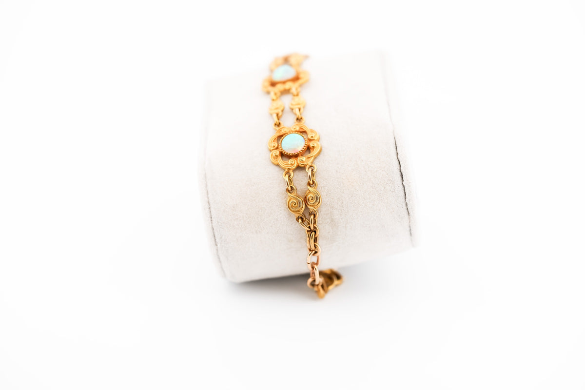 Fabulous Art Nouveau Crystal Opal Bracelet in Textured Yellow Gold