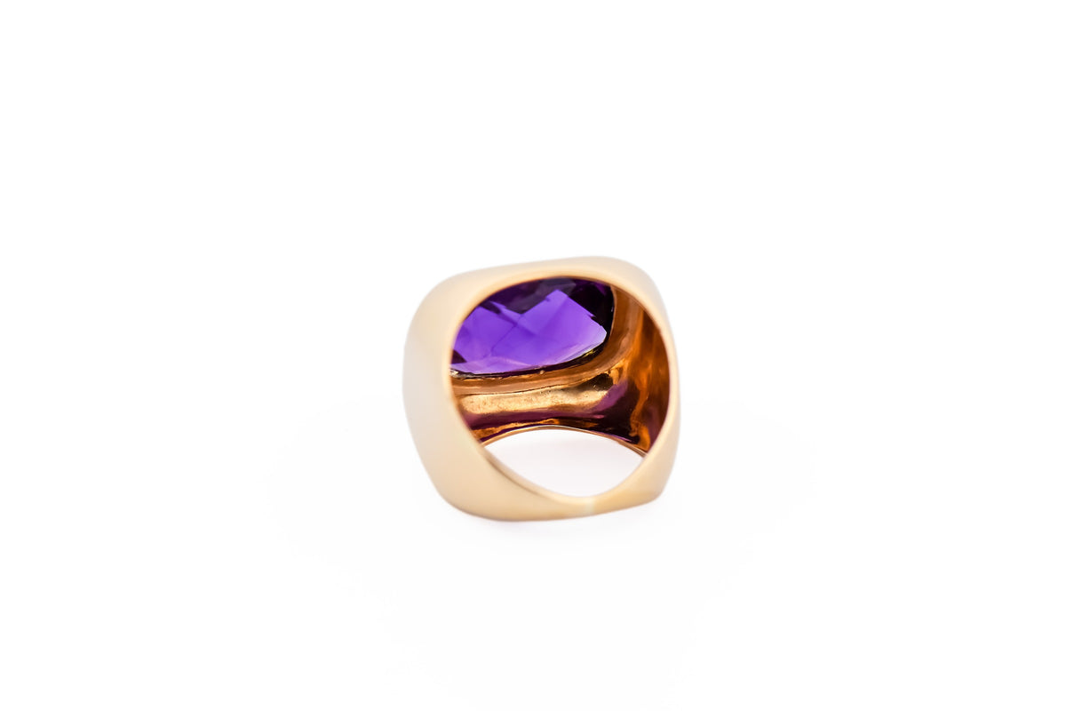 Fabulous Mid-Century Amethyst Ring Bezel Set in Chunky 18k Yellow Gold