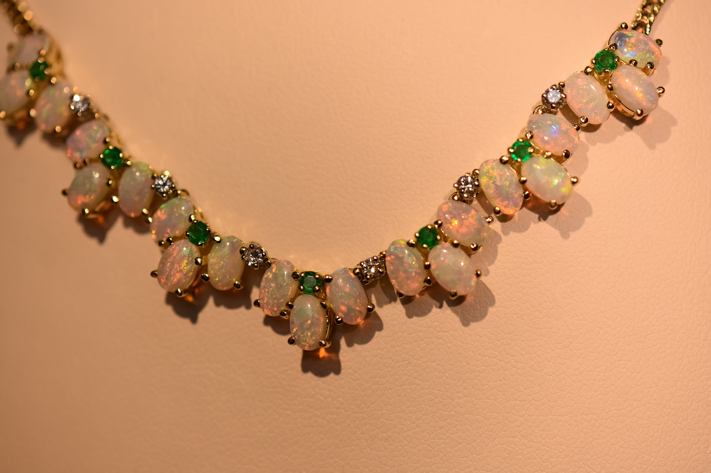 Fabulous Opal, Emerald & Diamond Necklace in Heavy 14k Gold