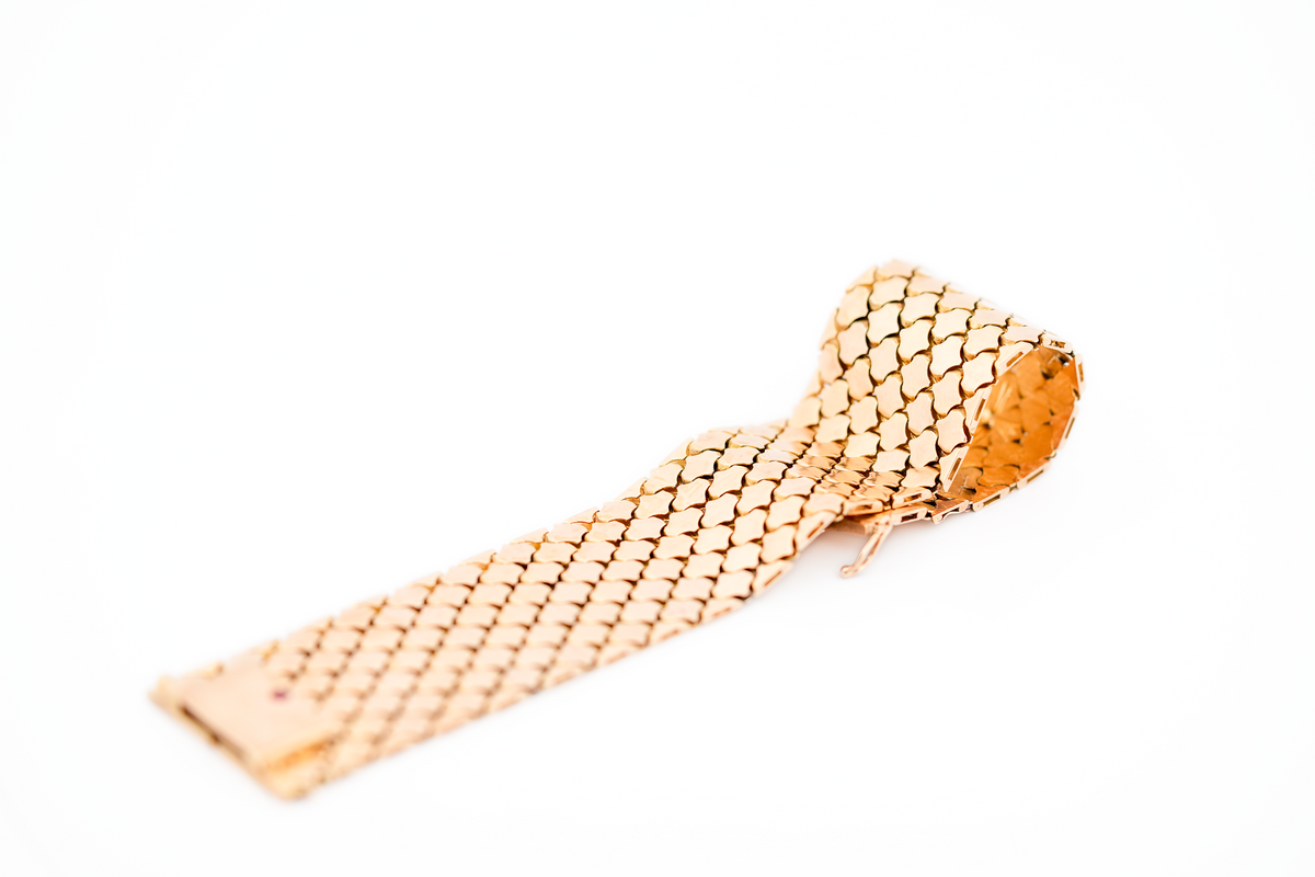 Fabulous Vintage Wide 18k Two Tone Textured Gold Bracelet - Italian