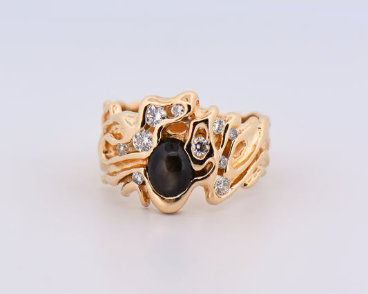 Freeform Gents Ring with Black Star Sapphire & Diamonds