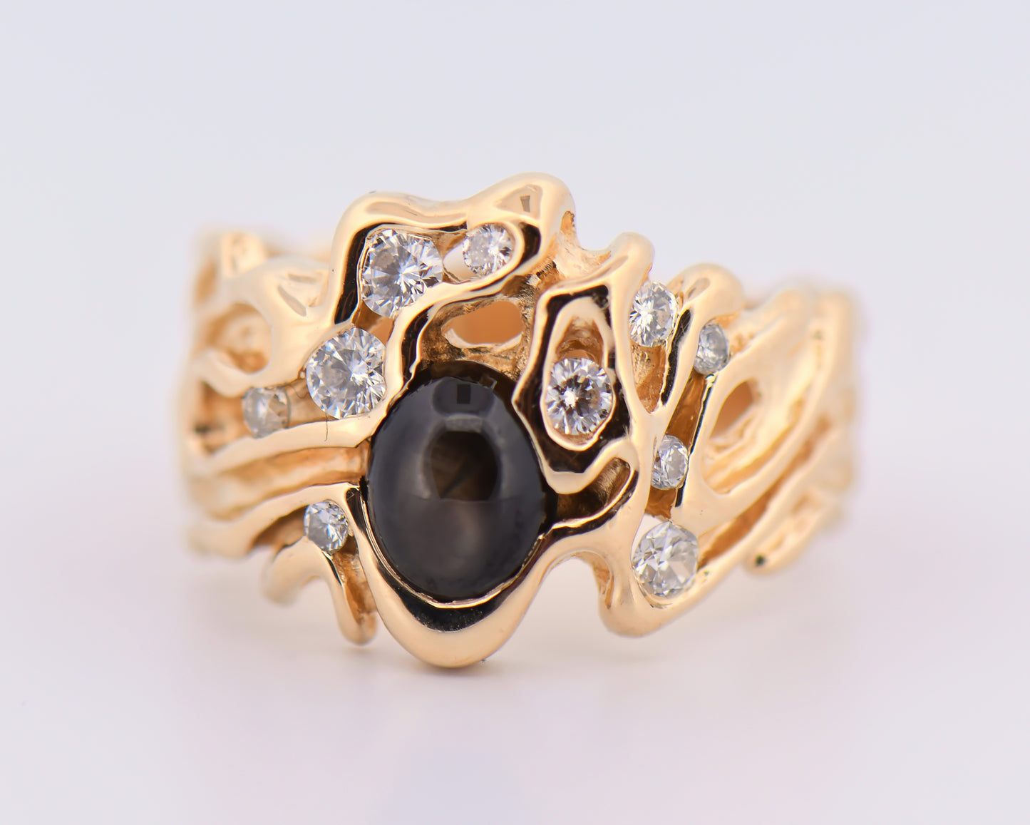 Freeform Gents Ring with Black Star Sapphire & Diamonds