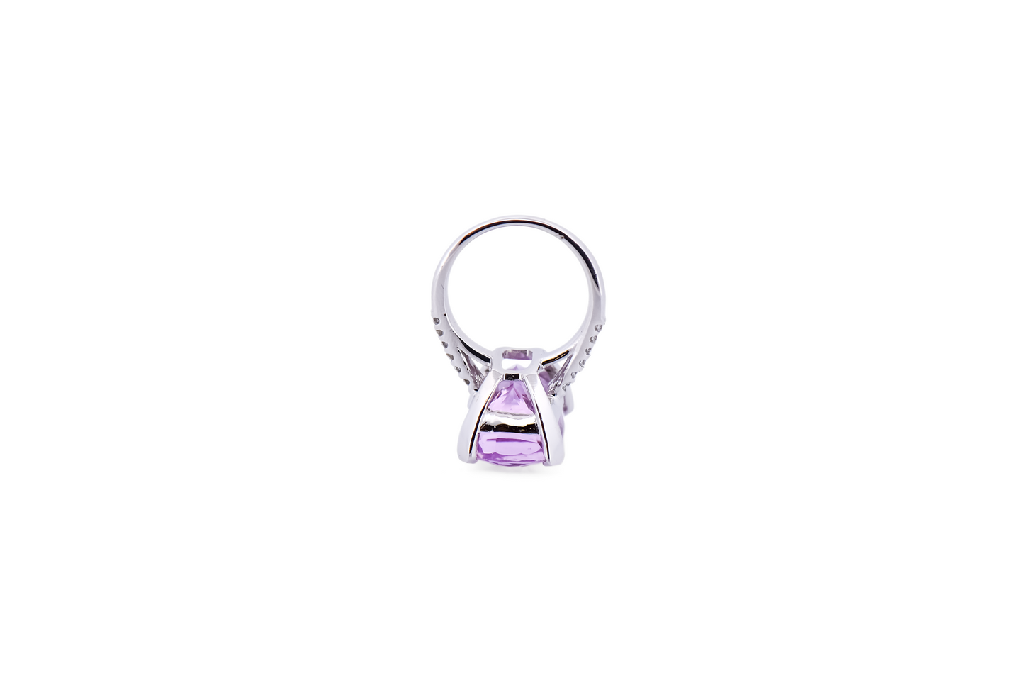 Gemmy Elongated Cushion Kunzite Cocktail Ring with Diamonds in White Gold