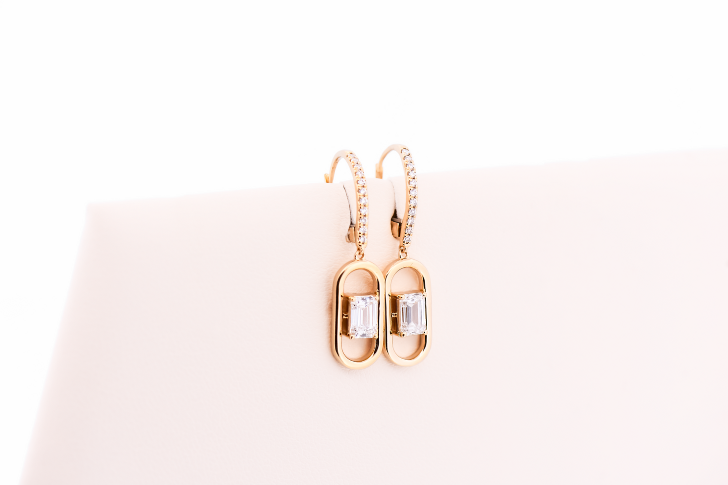 Gold Paperclip Style Dangle Earrings with 1ctw Emerald Cut Lab-grown Diamonds